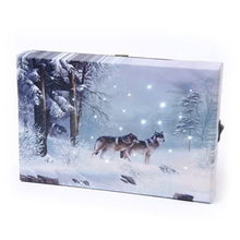 Load image into Gallery viewer, Mini LED Light Up Christmas Hanging Or Standing Canvas Picture 15x10cm 2 wolves Snow Scene
