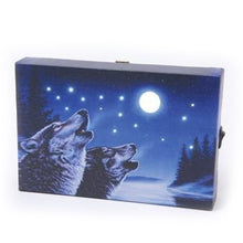 Load image into Gallery viewer, Mini LED Light Up Christmas Hanging Or Standing Canvas Picture 15x10cm 2 Wolves Howling Scene