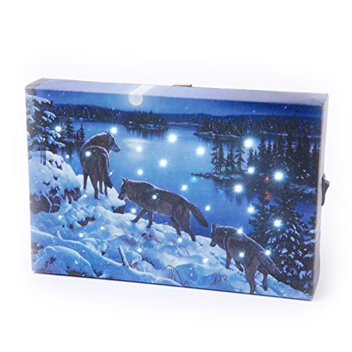 Mini LED Light Up Christmas Hanging Or Standing Canvas Picture 15x10cm 3 wolves Snow Scene
