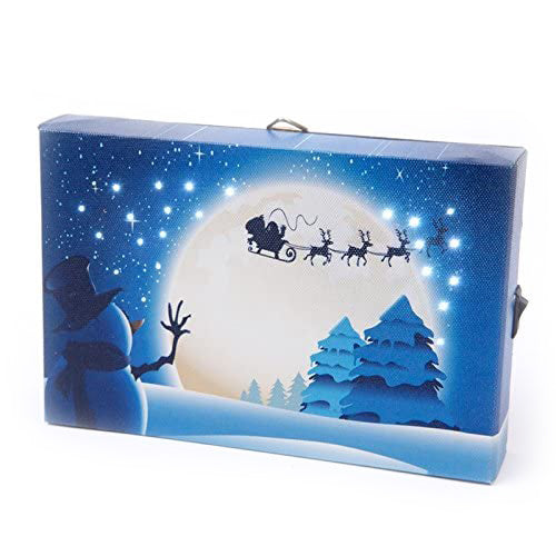 Mini LED Light Up Christmas Hanging Or Standing Canvas Picture 15x10cm Waving Snowman And Sleigh Scene