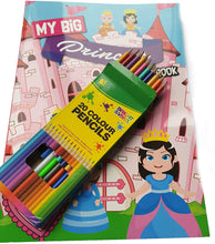 Load image into Gallery viewer, A4 Colouring Books with Stickers & Colouring Pencils Included, Choose a Theme - Pets, Dinosaurs, Ballet, Princess, Superhero