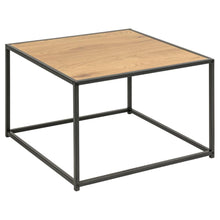 Load image into Gallery viewer, A square coffee table with an oak top and black metal frame.