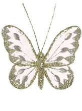 Load image into Gallery viewer, Small Nylon Glitter Diamante Butterfly Decoration With Metal Clip On Reverse In Various Colours 8cm