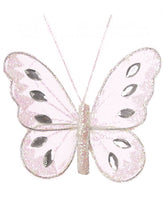 Load image into Gallery viewer, Small Nylon Glitter Diamante Butterfly Decoration With Metal Clip On Reverse In Various Colours 8cm