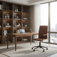 Load image into Gallery viewer, a modern brown leather chair in an office with bookcase