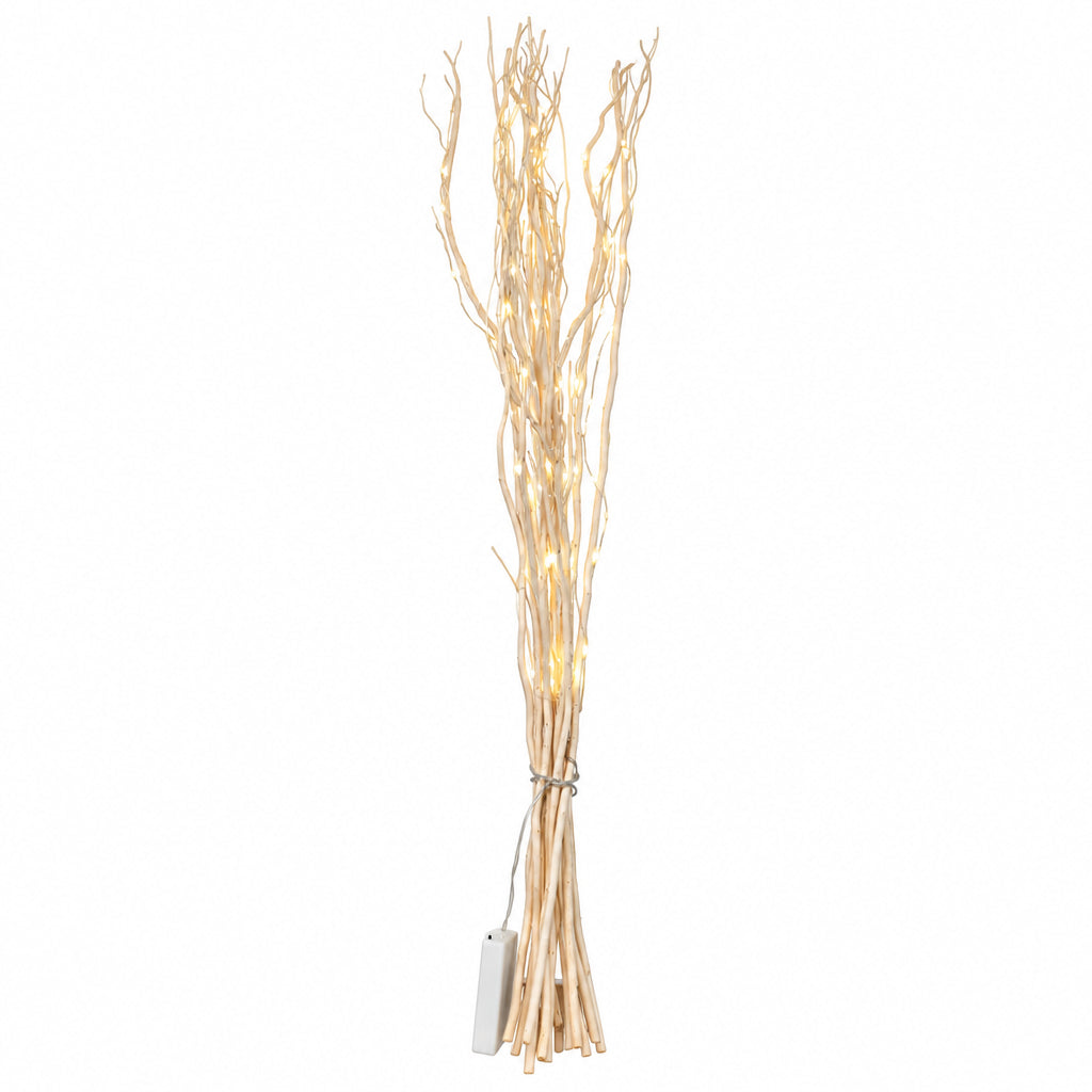 A bundle of decorative artificial branches tied with a string, glowing with warm white LED fairy lights, shown on a plain white background.