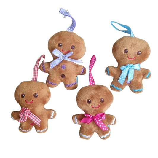 Four plush gingerbread person ornaments in brown fabric, each with a colorful ribbon bow and hanging loop, shown on a plain white background.