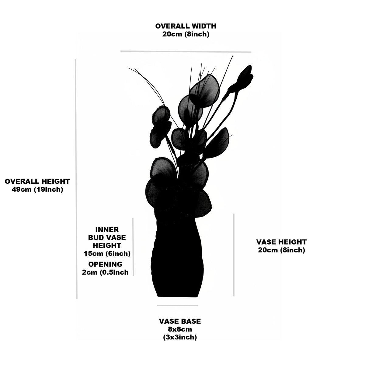 A black silhouette diagram of a bud vase with floral stems on a white background, with measurement labels and dimensions for overall height, vase height, base size, and inner bud vase height.