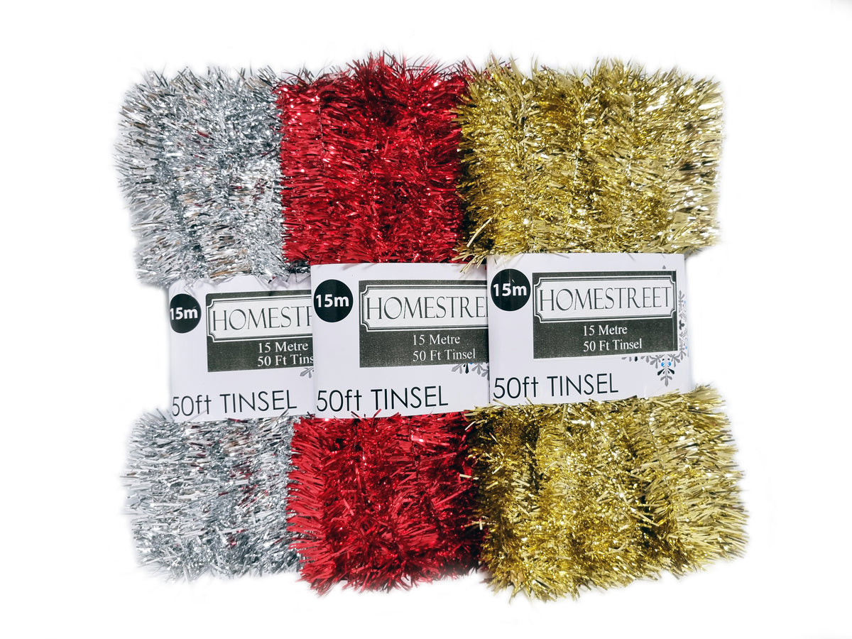 Three packages of Homstreet 15m (50ft) tinsel in silver, red, and gold, arranged in a 2x3 grid on a white background.