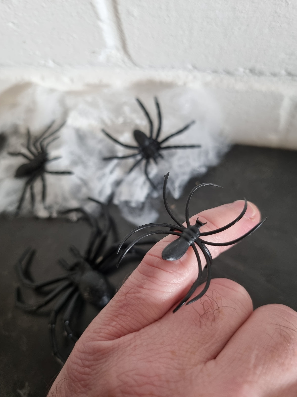 A close-up of a hand holding a black plastic toy spider, with several more black spider toys and white fake cobwebs in the background against a white brick wall.