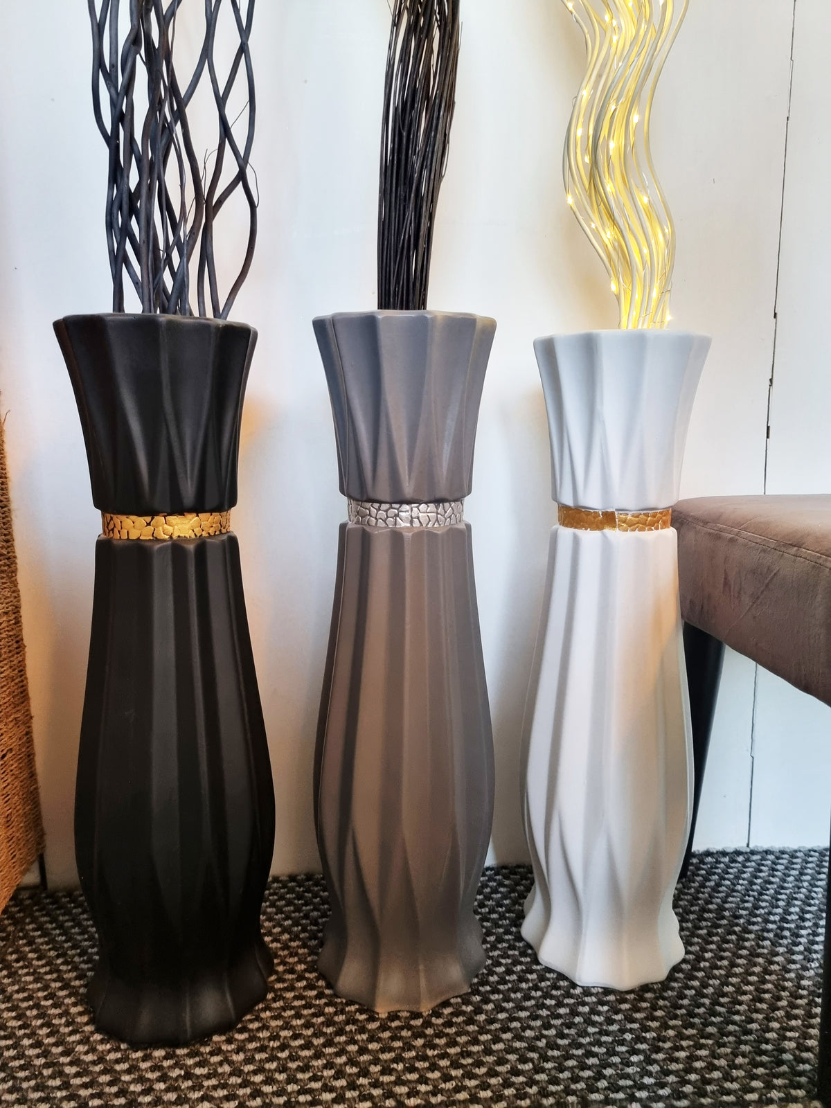 Large Black Ceramic Floor Standing Vase With Gold Stripe 60cm Home Decor