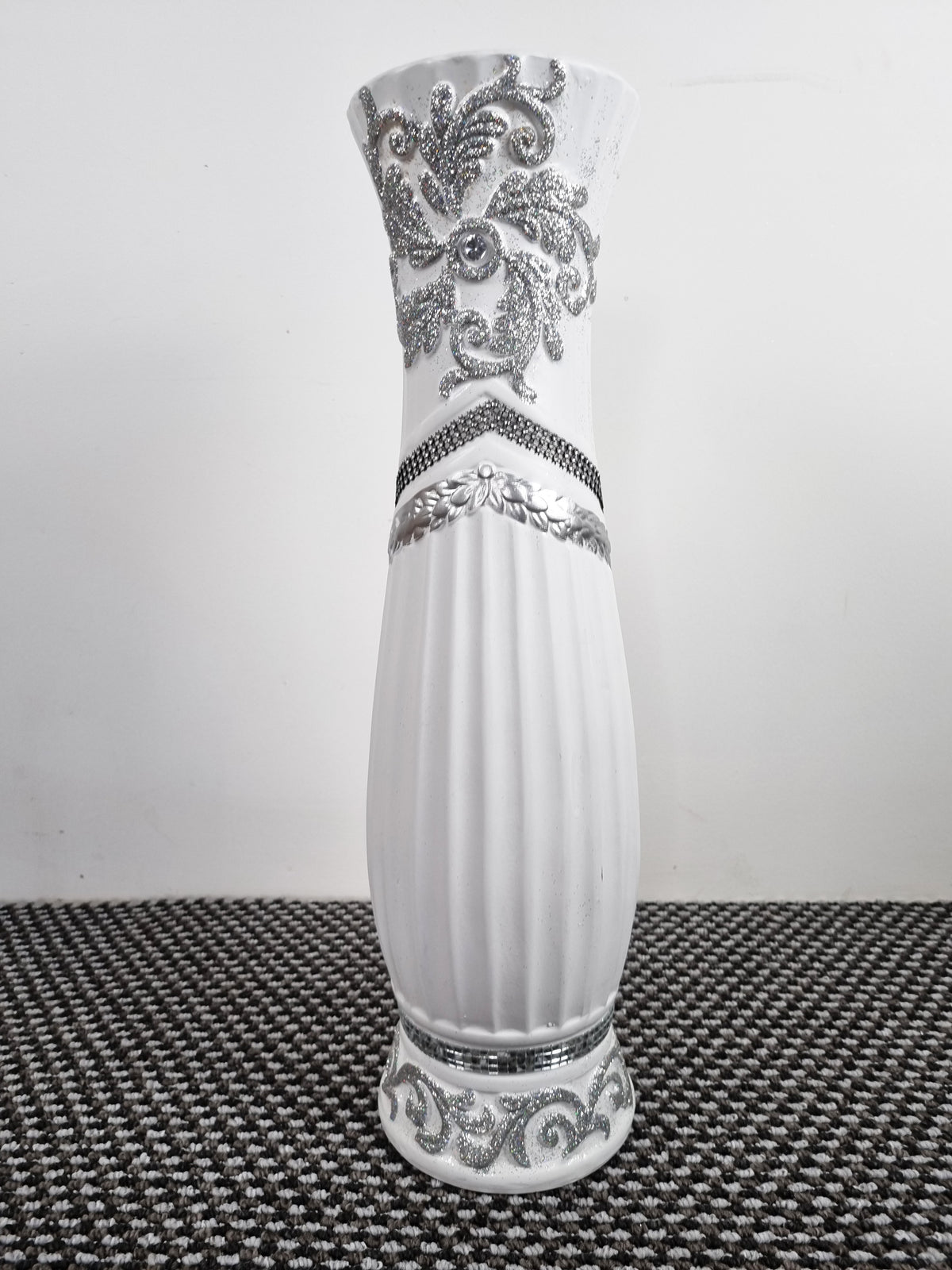 Large White Ceramic Floor Vase With Silver Glitter Diamante Detail 60cm Home Decor