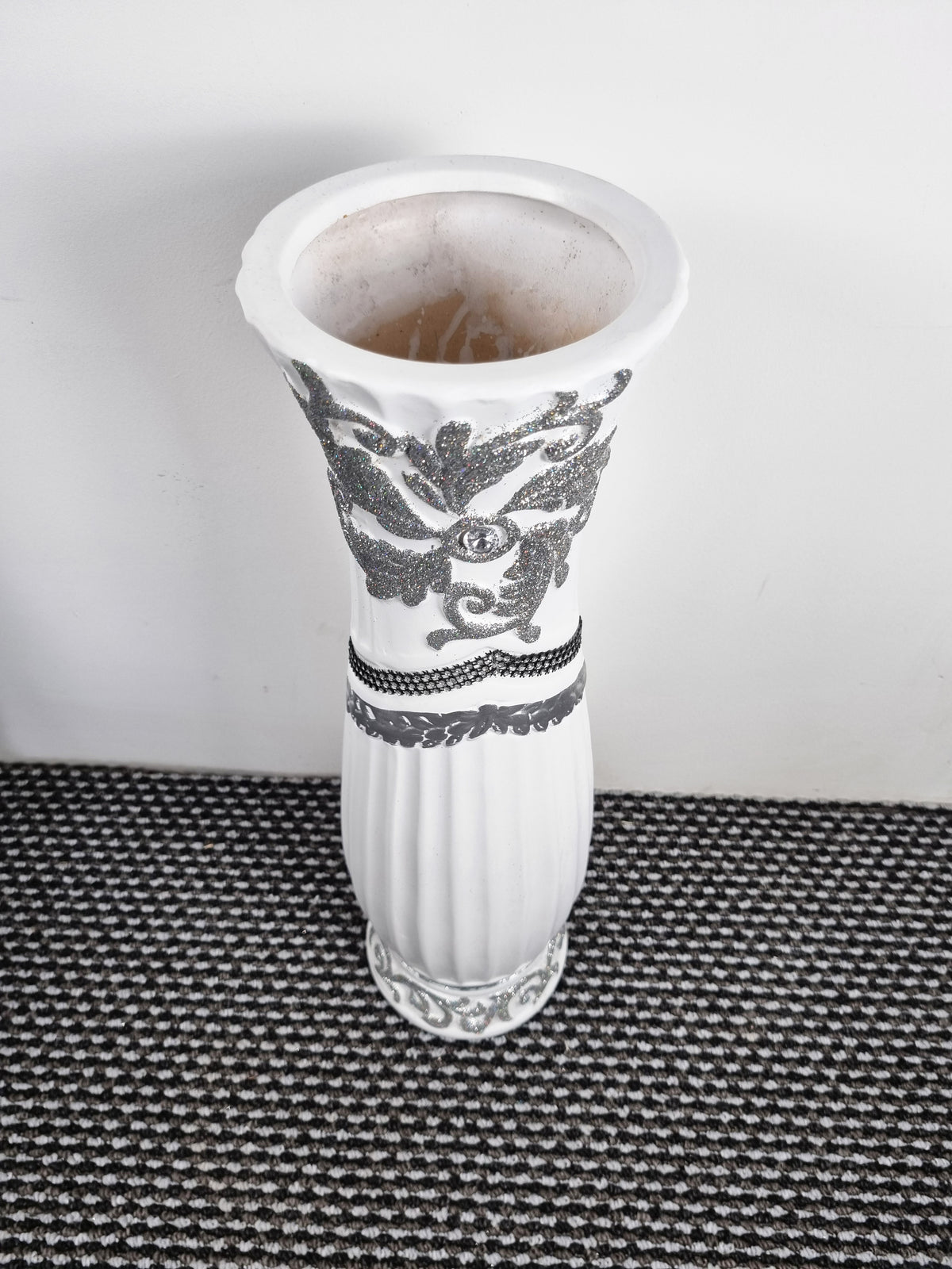 Large White Ceramic Floor Vase With Silver Glitter Diamante Detail 60cm Home Decor