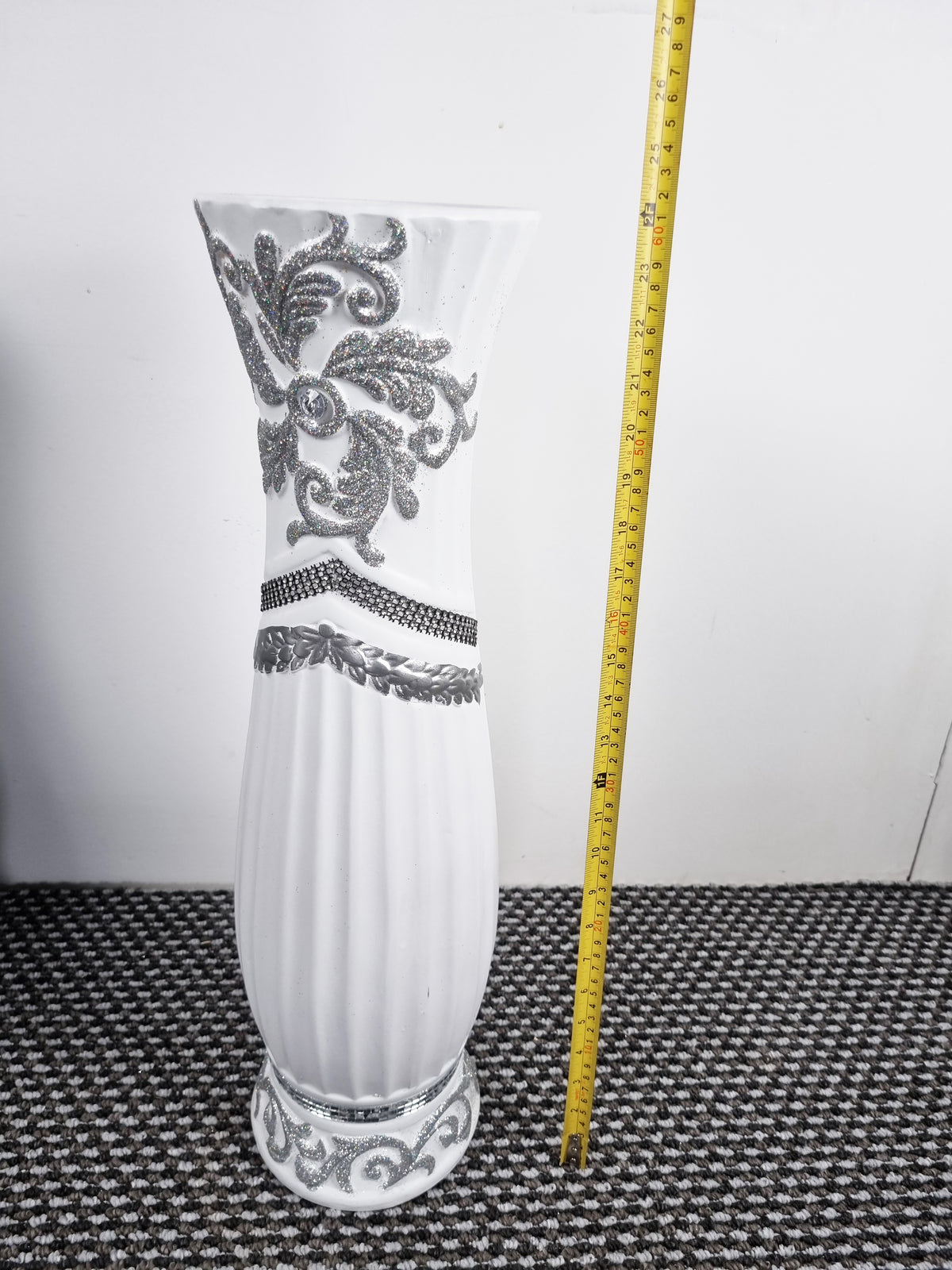 Large White Ceramic Floor Vase With Silver Glitter Diamante Detail 60cm Home Decor