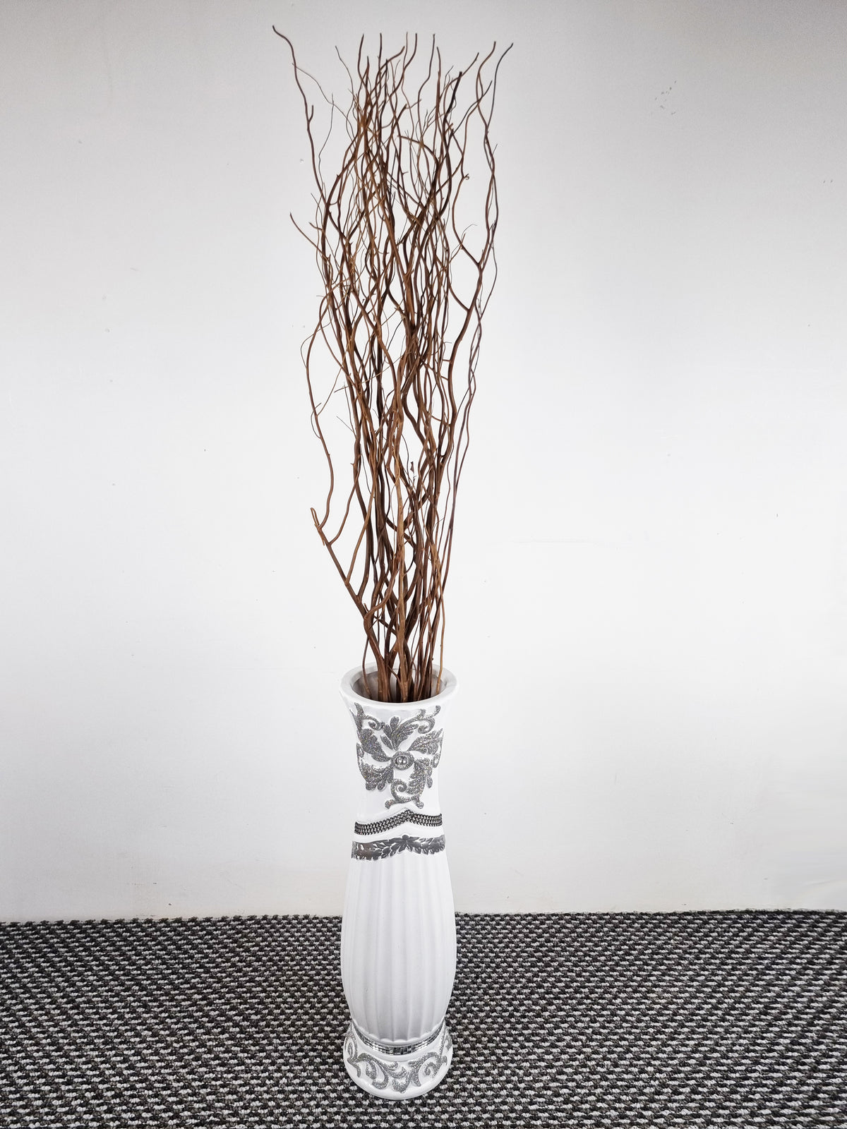Large White Ceramic Floor Vase With Silver Glitter Diamante Detail 60cm Home Decor