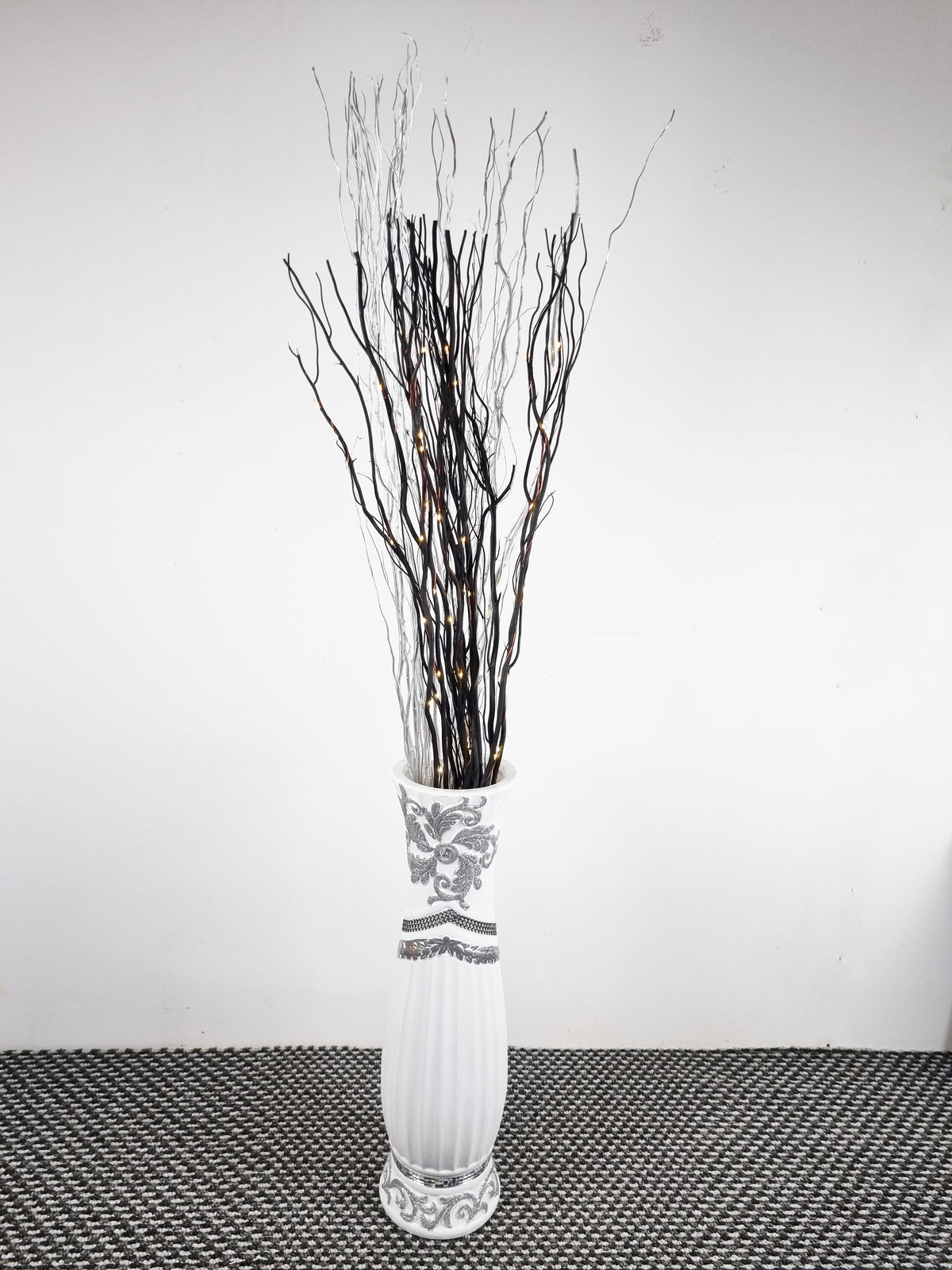 Large White Ceramic Floor Vase With Silver Glitter Diamante Detail 60cm Home Decor