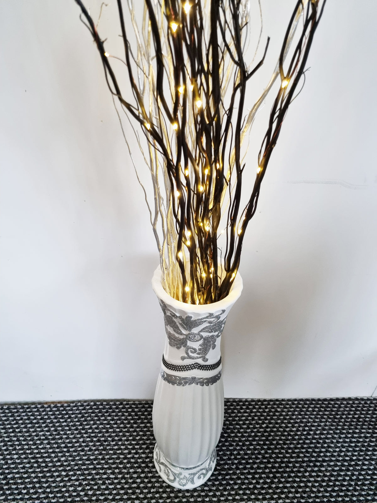 Large White Ceramic Floor Vase With Silver Glitter Diamante Detail 60cm Home Decor