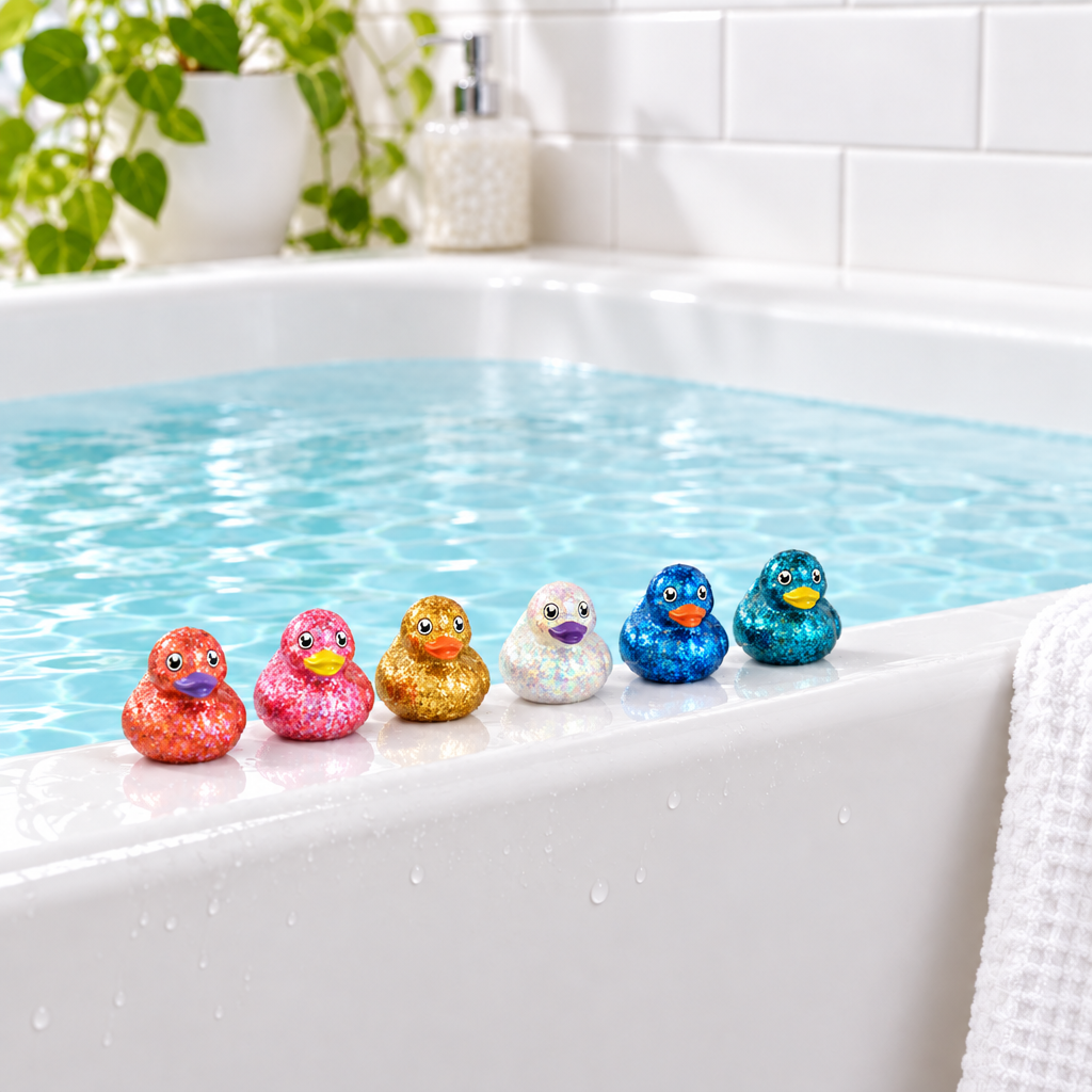 Six glittery rubber ducks in different colors lined up on the edge of a white bathtub filled with water, with a tiled wall and plant in the background.