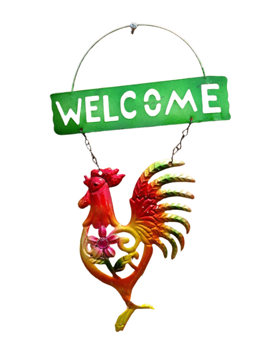 Welcome Garden Sign, Cockerel Rooster Bright Colour and Sparkle Detail Hanging Chicken Sign