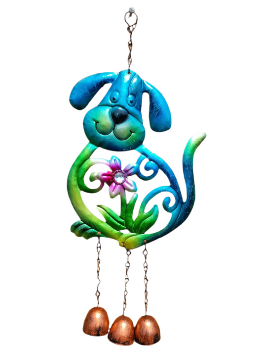 Dog Wind Chime In Bright Colours Very Cute Metal Smiling Pet Garden Windchime