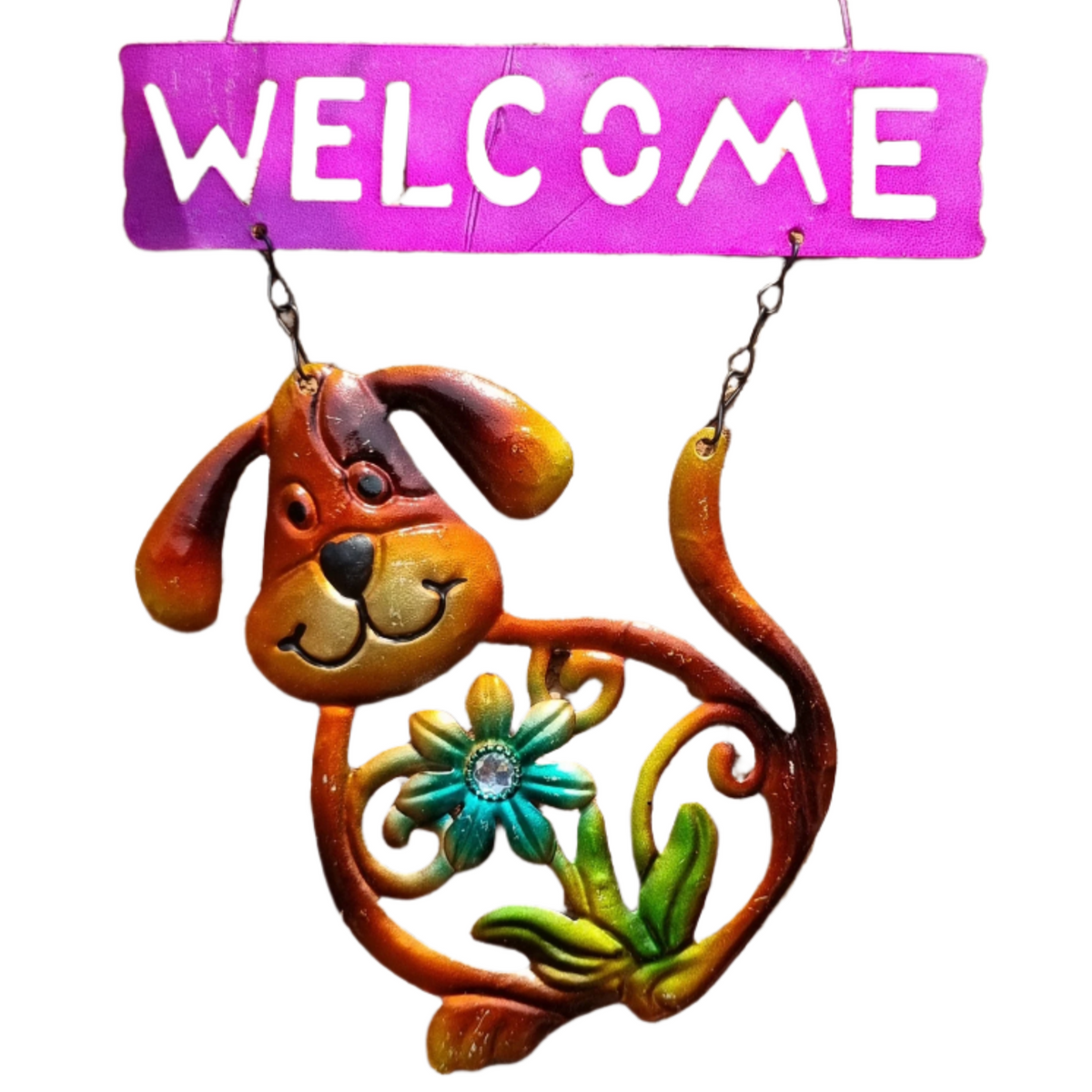 Dog Welcome Garden Sign Bright Colour and Sparkle Detail Hanging Indoor Outdoor Plaque