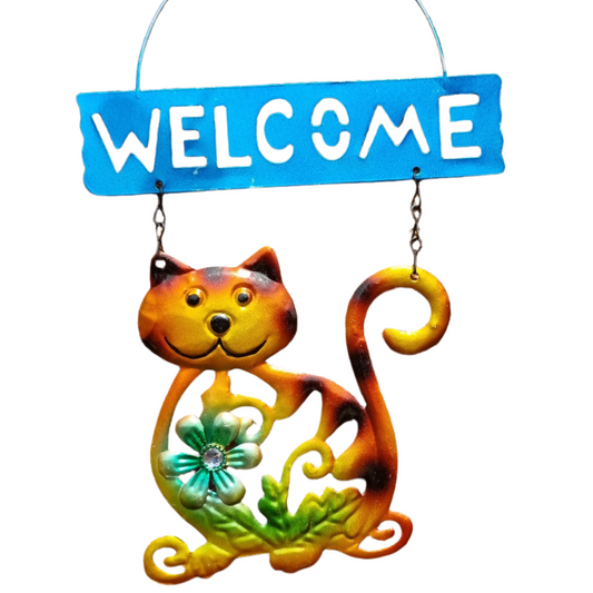Cat Welcome Garden Sign Bright Colour and Sparkle Detail Hanging Indoor Outdoor Plaque