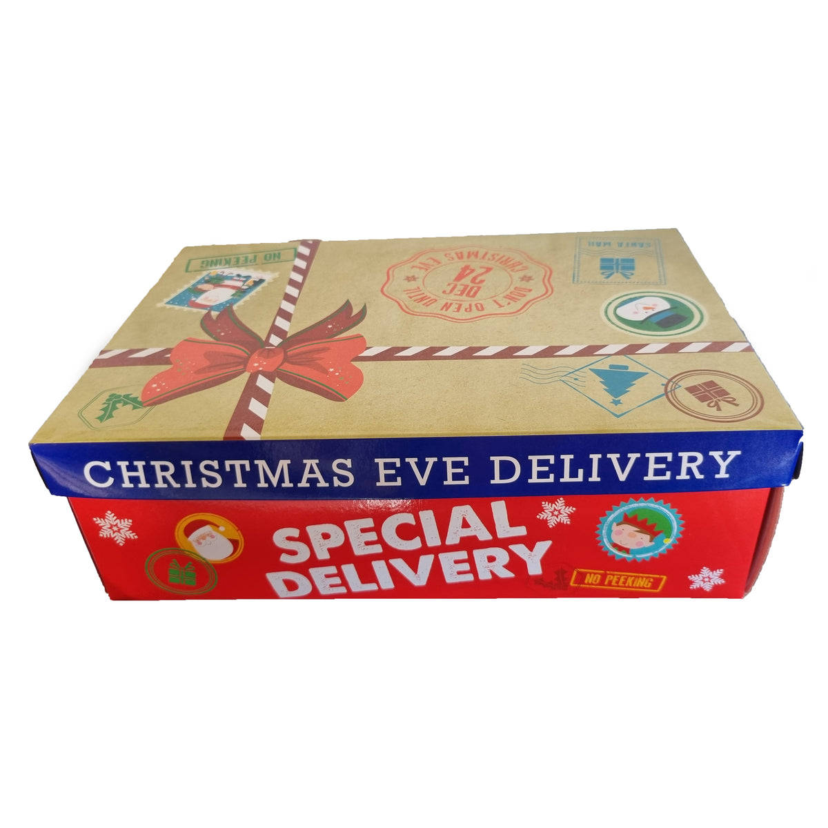 A cardboard gift box with Christmas-themed graphics, including a red ribbon bow, postage-style stamps, and bold text reading 'CHRISTMAS EVE DELIVERY' and 'SPECIAL DELIVERY' on a white background.