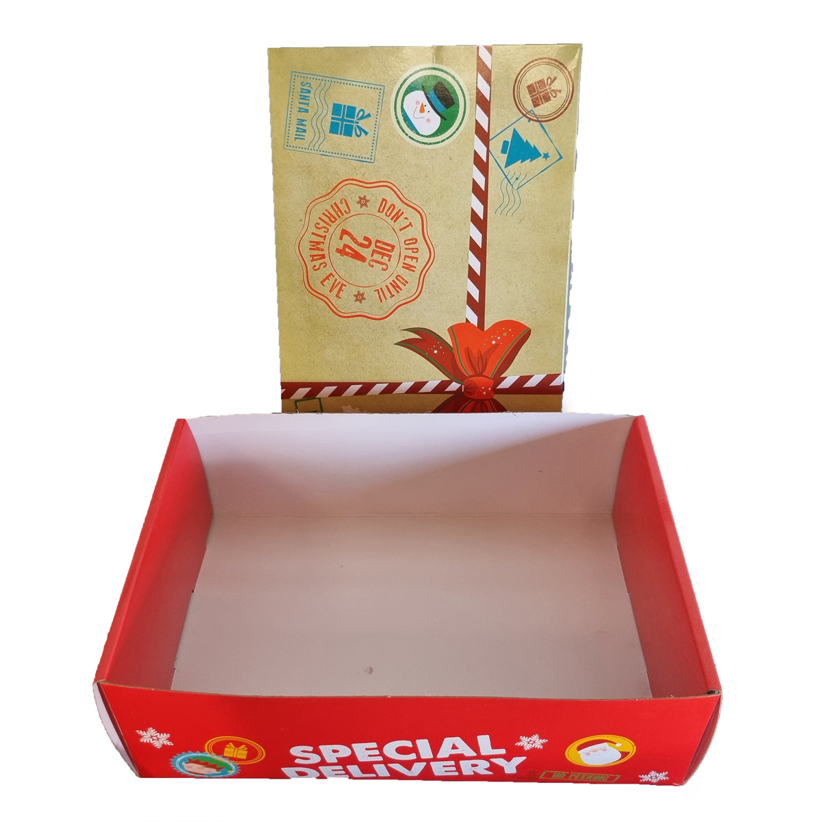 A pair of cardboard shipping boxes, with one shown open and empty in the foreground and the other closed in the background. The closed box features a kraft-paper style design with red and white striped ribbon graphics and postage stamp illustrations.