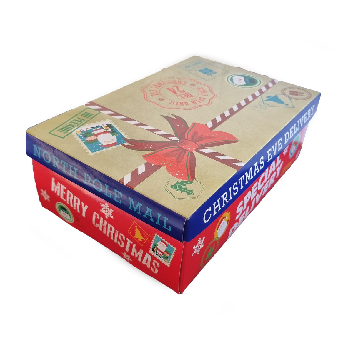 A rectangular cardboard gift box with festive Christmas-themed wrapping paper design, featuring a red bow illustration, holiday stamps, and text including 'Christmas Eve Delivery' and 'Merry Christmas'.