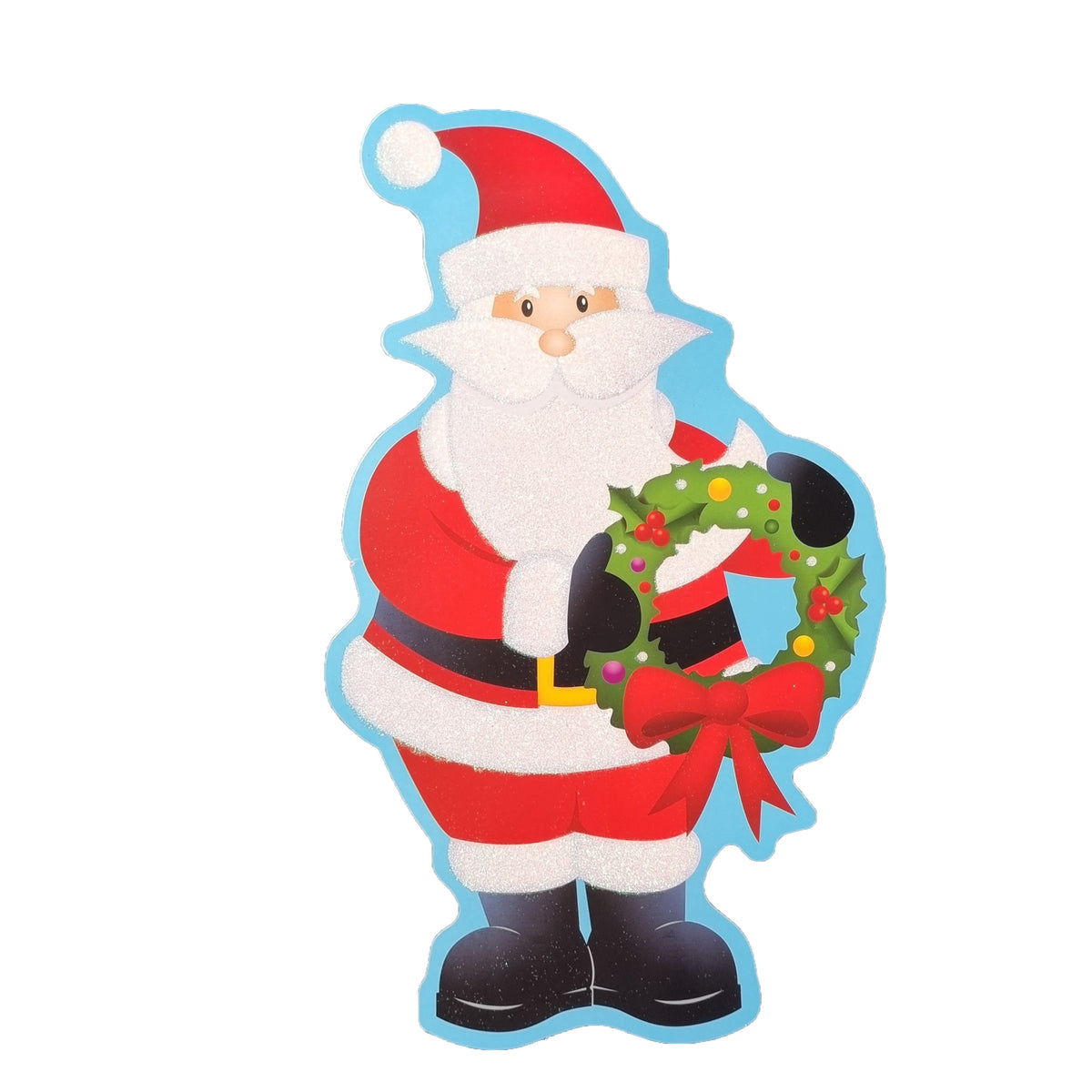 A festive Santa Claus shaped decorative piece holding a green holly wreath with red berries and a large red bow, shown on a plain white background.