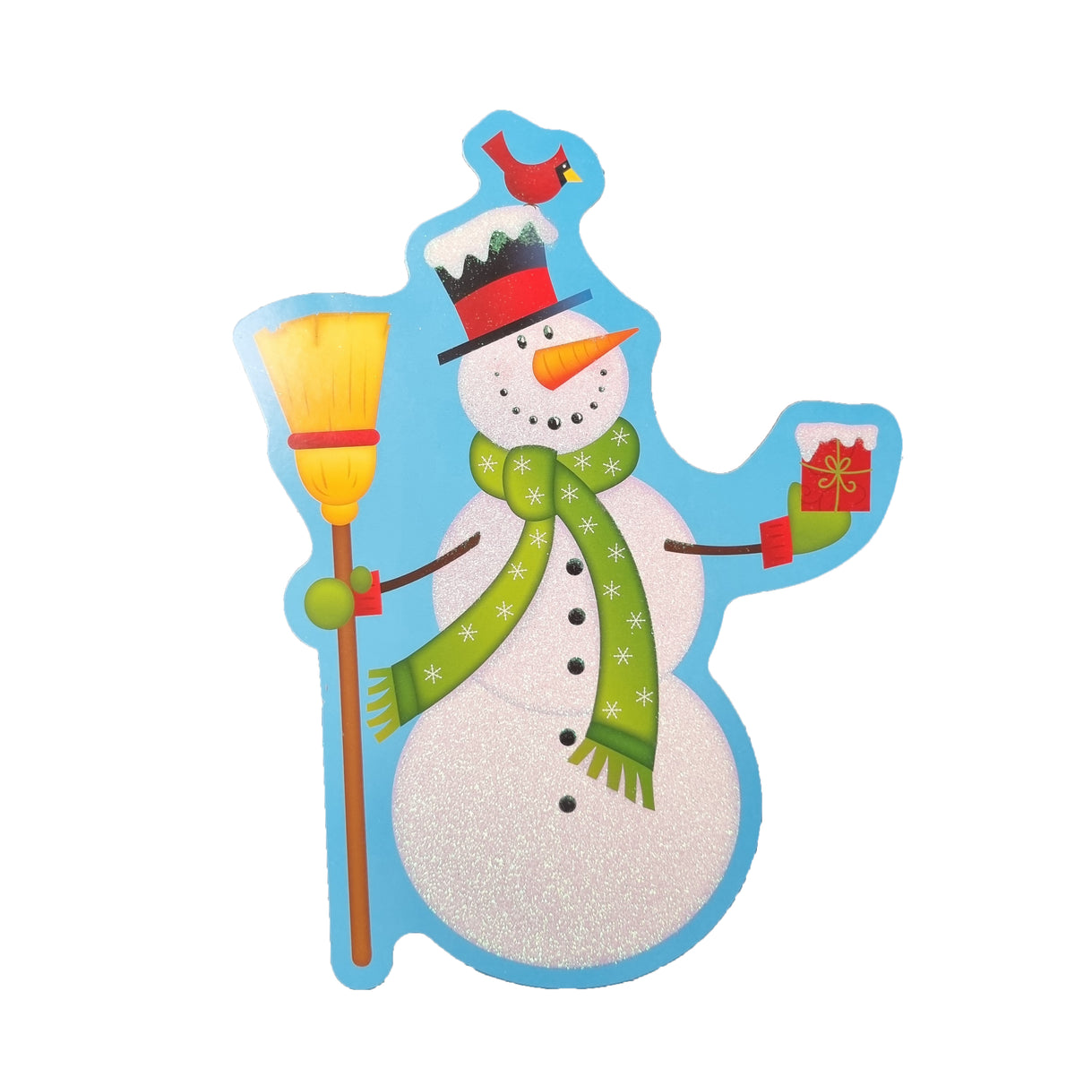 A festive snowman cutout decoration with a glittery white body, green patterned scarf, red hat, and red bird on top, holding a yellow broom and a red gift box, set against a plain white background.
