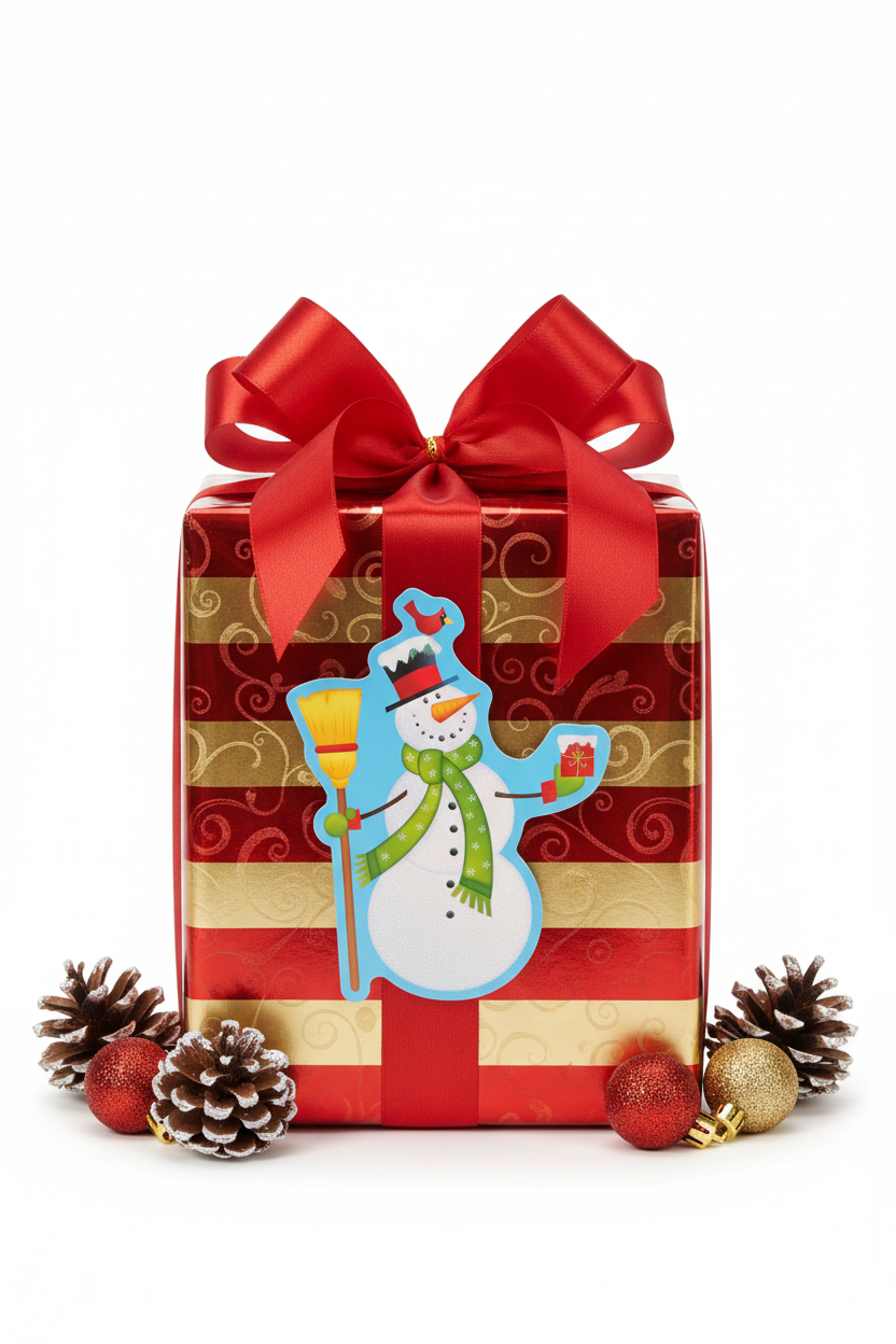 a Christmas present with a large snowman cardboard tag on the front