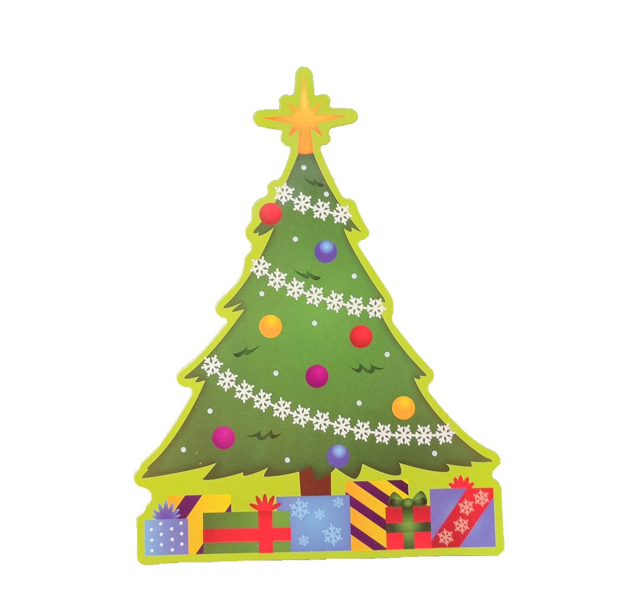 A Christmas tree craft or decoration with a green body, yellow outline, a yellow star on top, white snowflake ornaments, colorful round baubles, and wrapped gift boxes at the base, shown on a plain white background.