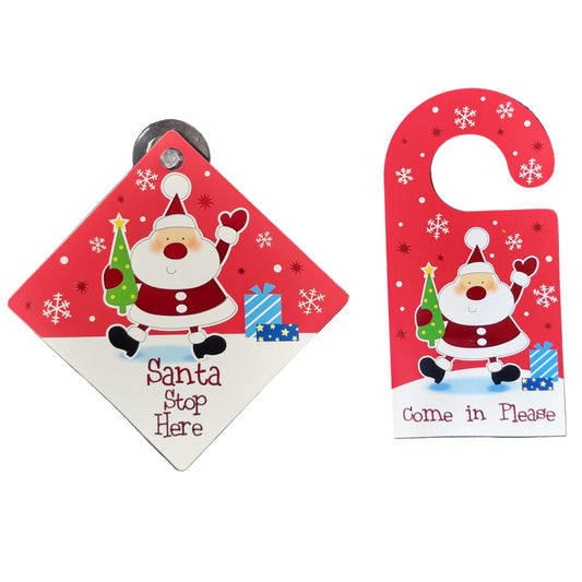 Two Christmas-themed door hangers with Santa Claus on a white background