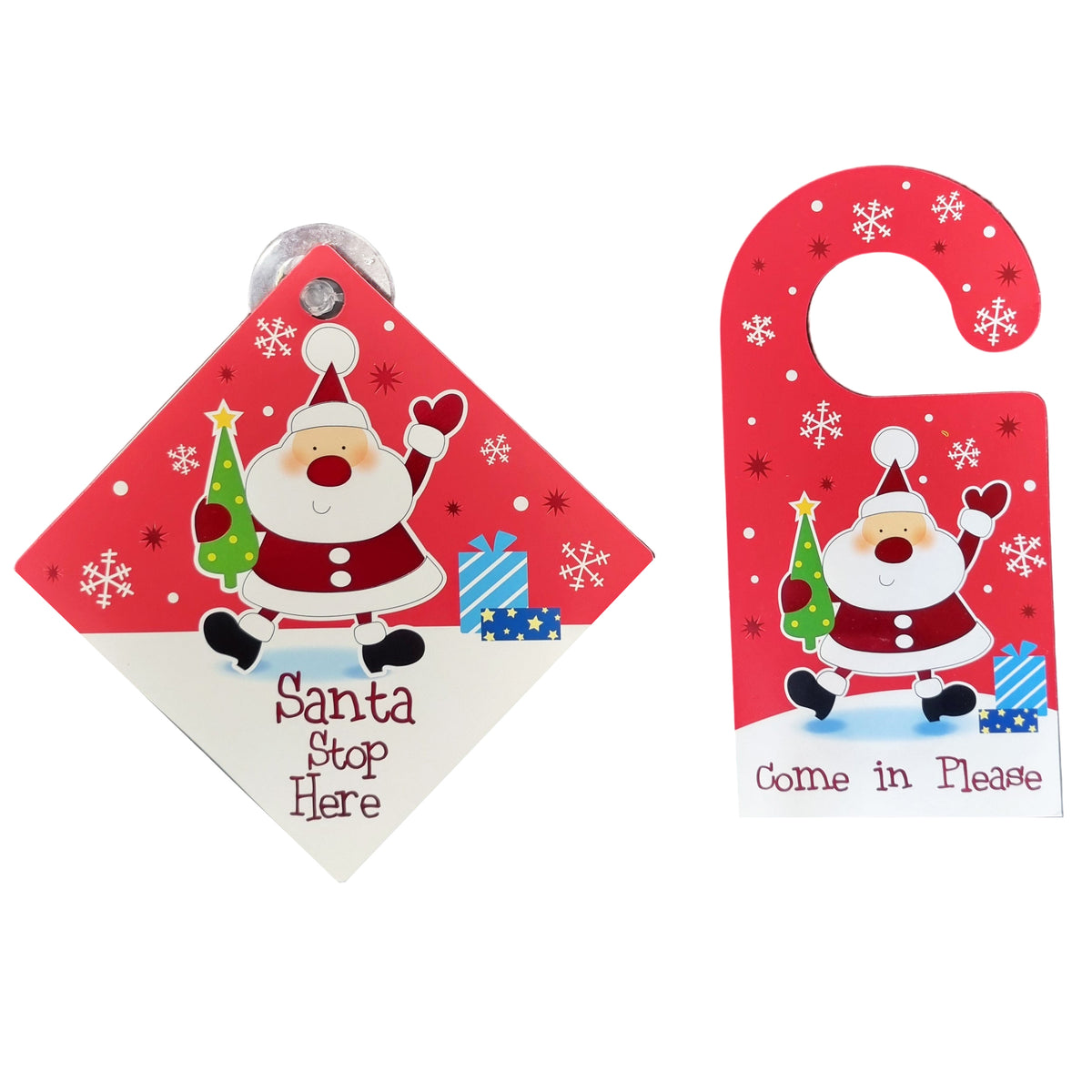 A set of Christmas-themed door hangers and stop signs featuring a cartoon Santa Claus, snowflakes, gifts, and text reading 'Santa Stop Here' and 'Come in Please'.