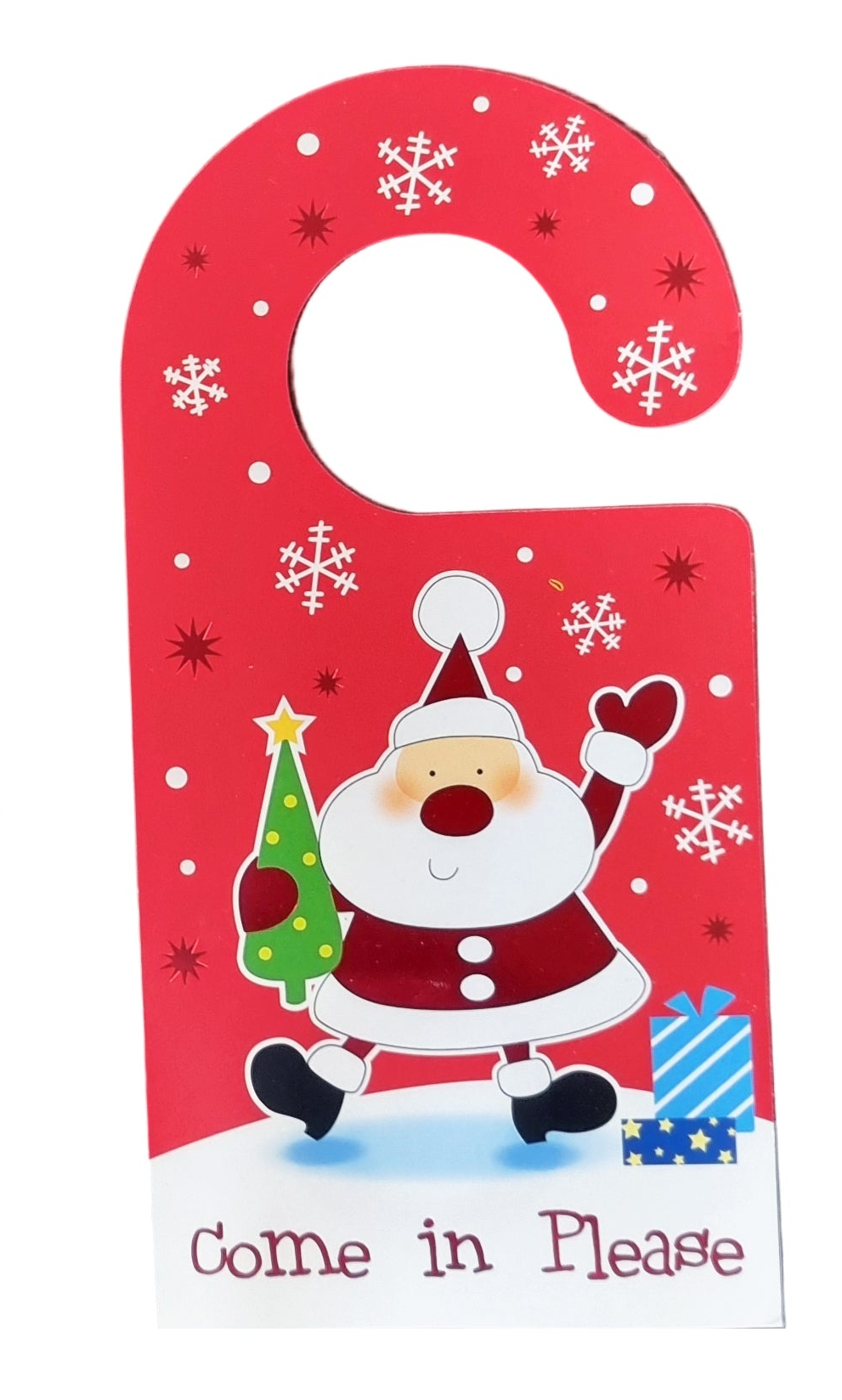 A red Christmas-themed hanger door sign with white snowflakes, a cartoon Santa Claus holding a green tree, a blue gift box, and the words 'Come in Please' at the bottom.