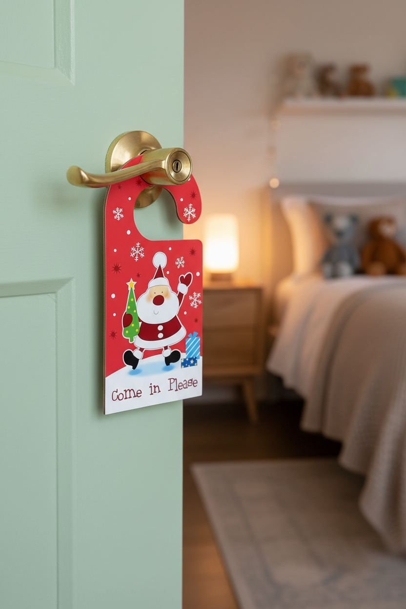 A red Christmas door hanger with a cartoon Santa Claus and the words 'Come in Please' hanging from a gold doorknob on a mint green door, with a softly blurred bedroom in the background.