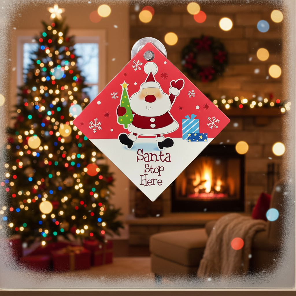 A diamond-shaped Christmas window stop sign featuring a cartoon Santa Claus and the text 'Santa Stop Here,' shown hanging in front of a warmly lit holiday living room with a tree, fireplace, and bokeh lights.