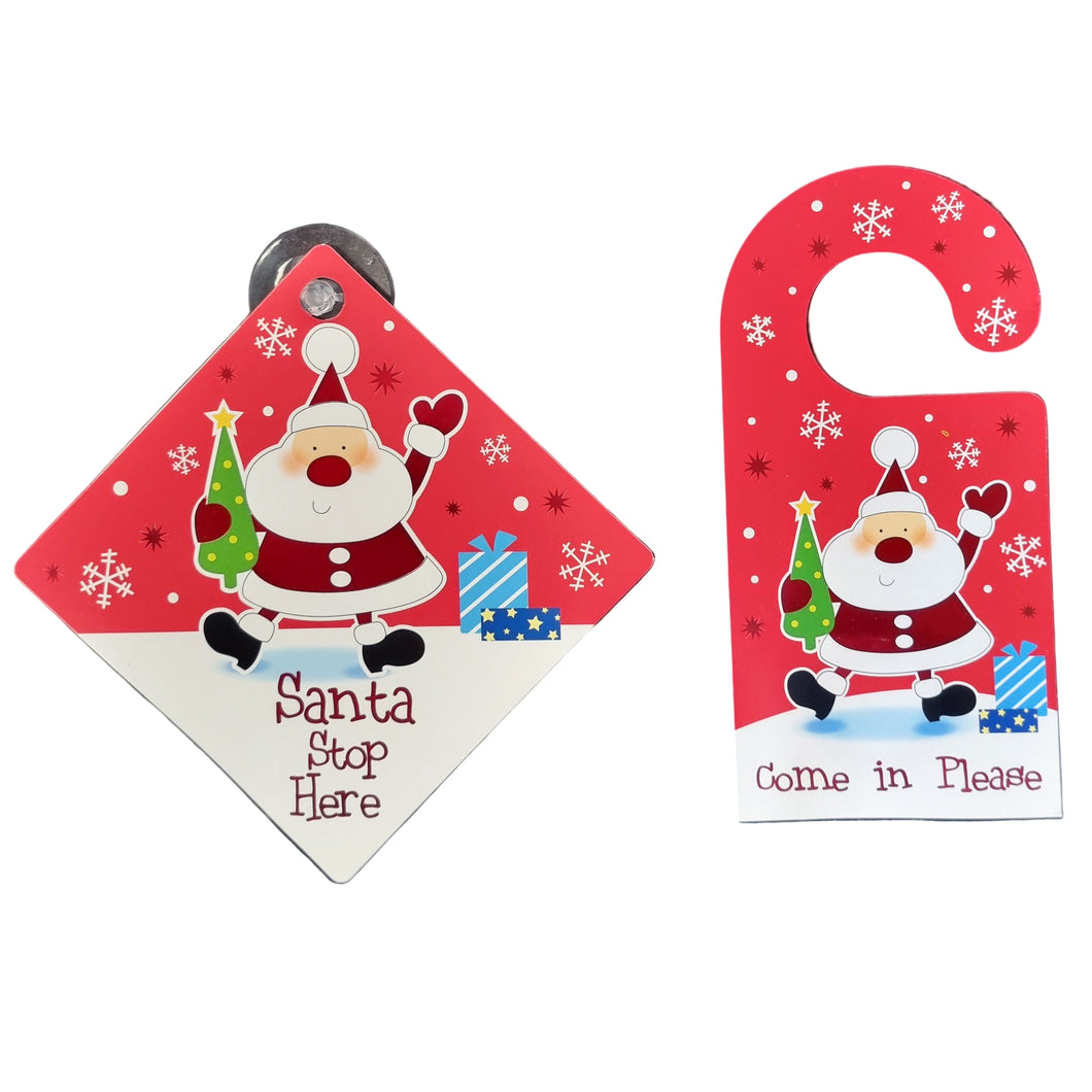 Two Christmas-themed door hangers with Santa Claus on a white background