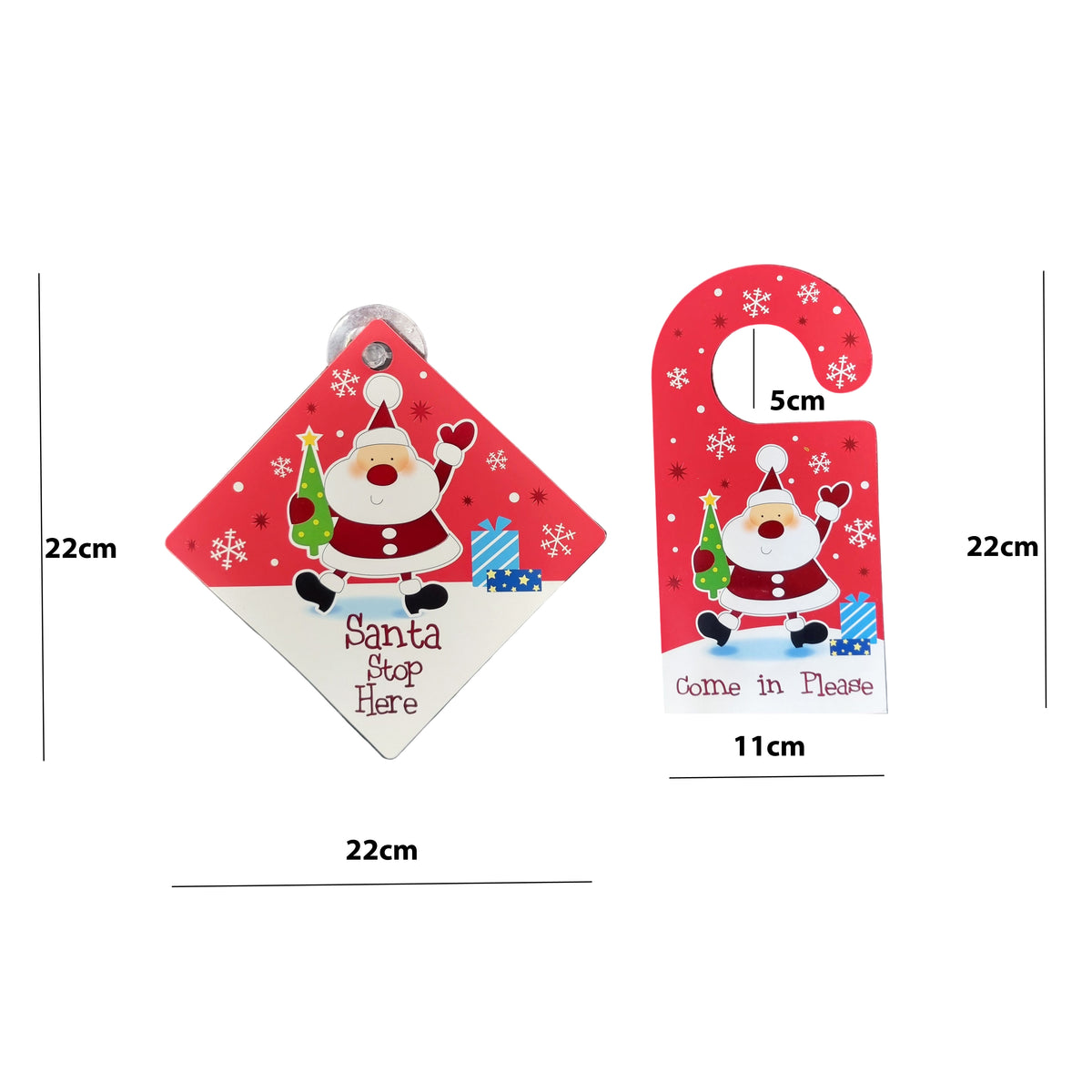 Two Christmas-themed door hangers with Santa Claus illustrations, shown with dimension labels: one diamond-shaped hanger labeled 22cm by 22cm and one curved hanger labeled 5cm by 11cm, on a white background.