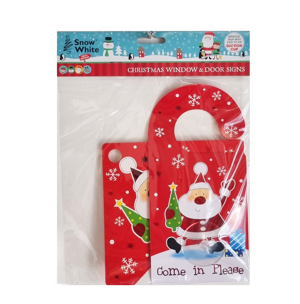 Packaged Christmas window and door signs set by Snow White, featuring red signs with white snowflakes and Santa Claus illustrations, one reading 'Come in Please'.