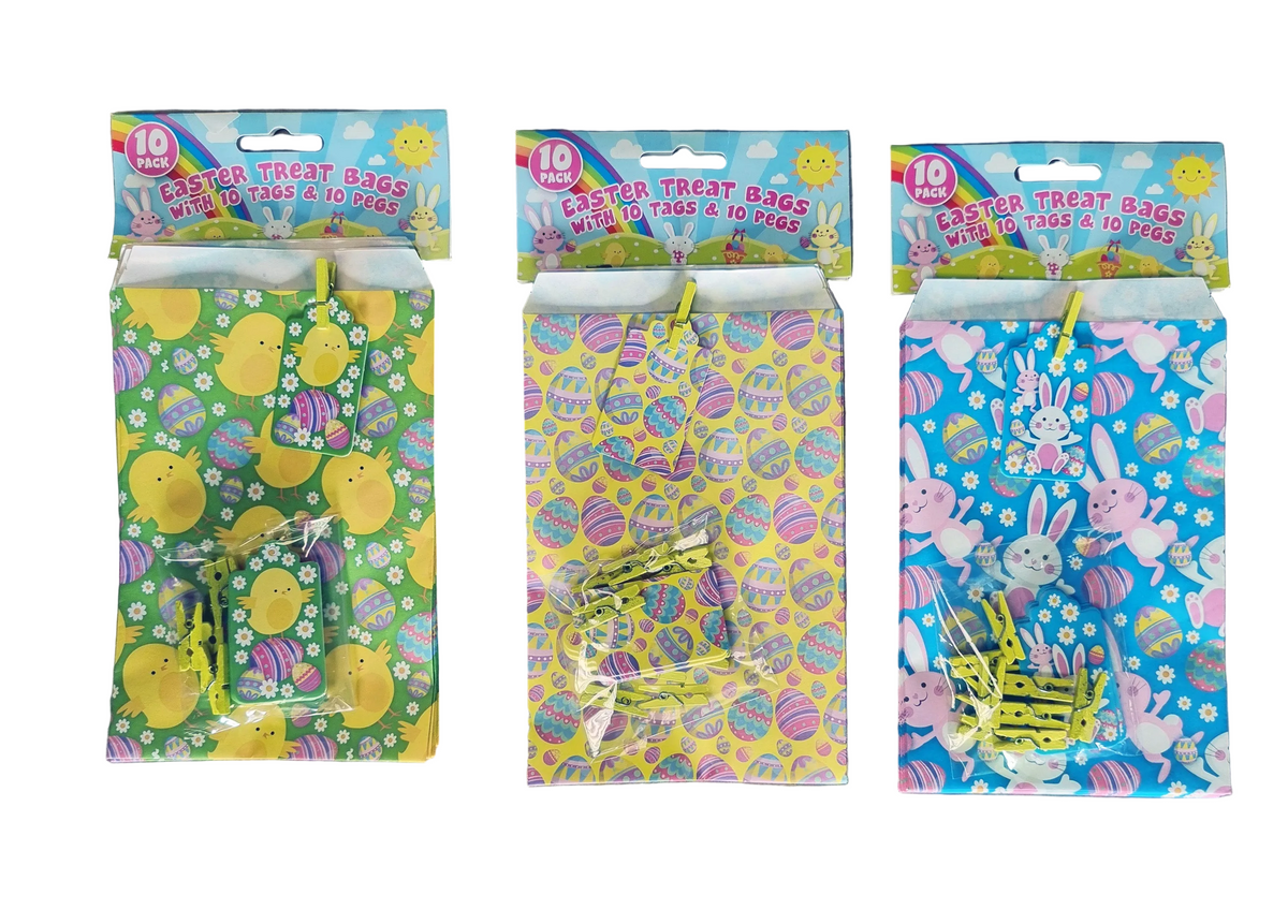 Three packages of Easter treat bags with colorful designs on a white background.