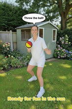 Load image into Gallery viewer, Person in a garden holding a colorful ball, with a shed and flowers in the background
