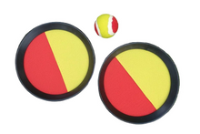 Load image into Gallery viewer, Two red and yellow disc toys with a tennis ball on a white background
