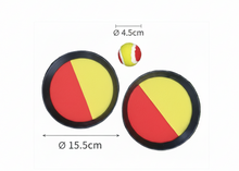 Load image into Gallery viewer, Two red and yellow catch ball velcro  objects with tennis balls for scale on a white background
