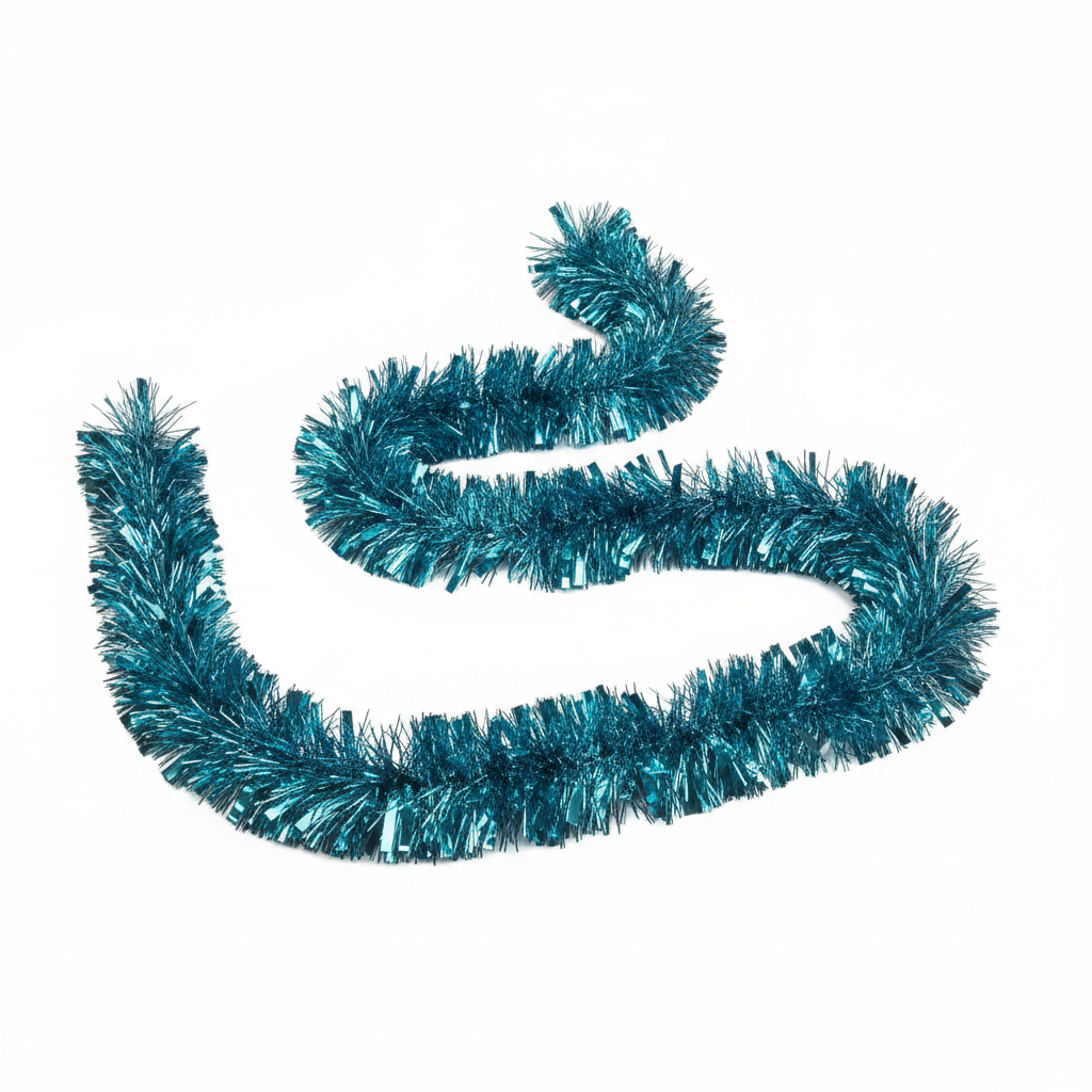 A coiled teal blue tinsel garland on a solid white background.