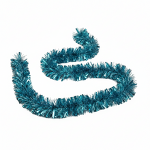Load image into Gallery viewer, A coiled teal blue tinsel garland on a solid white background.
