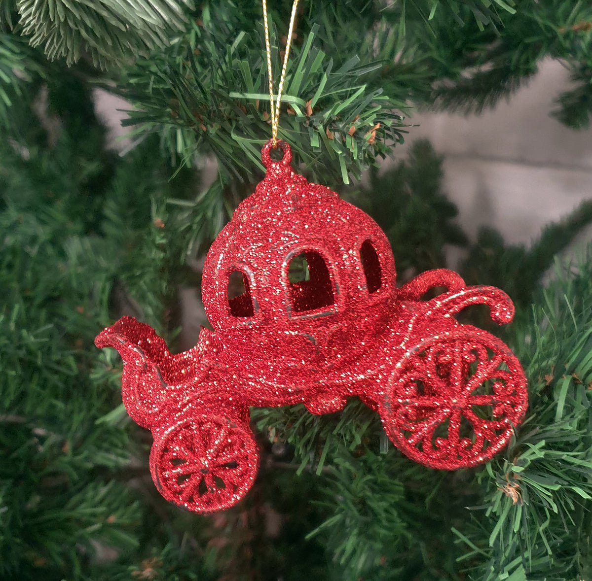 Red Glitter Fairy-tale Carriages Christmas Tree Decoration Set of 4 -All over Glittery Princess Carriages