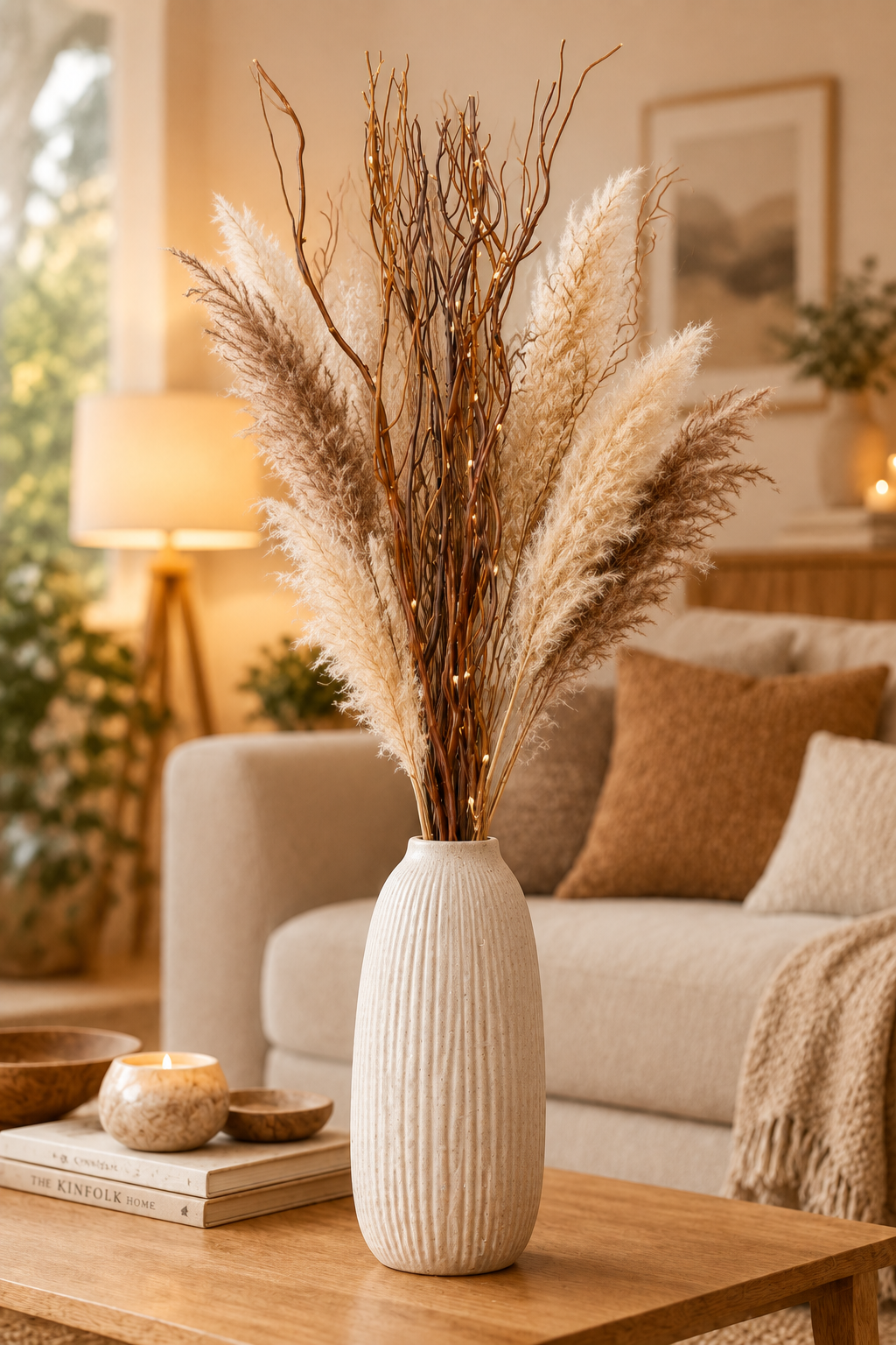 A ribbed off-white ceramic vase filled with dried pampas grass, brown twigs, and small warm white string lights, placed on a wooden coffee table in a cozy living room setting.