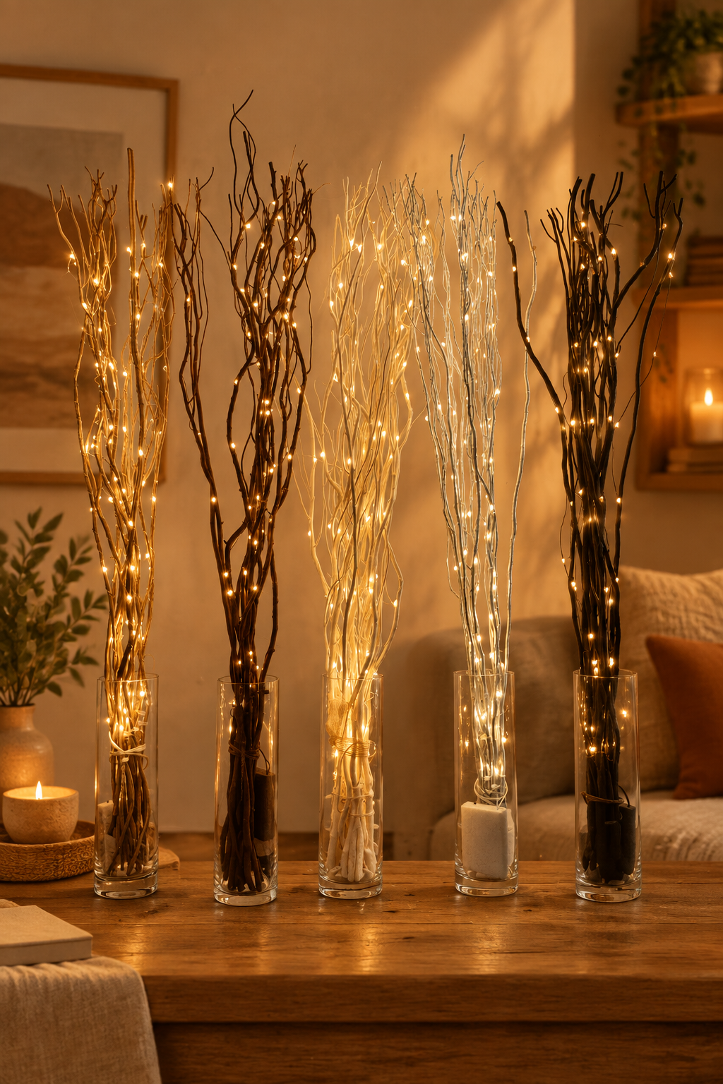 5 willow twig led lights in clear glass vases ion a wooden table in a modern home with a warm cozy appearance